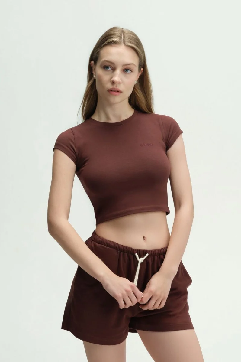 LOUNGEWEAR DOSSHA KAHVERENGİ CROP TİŞÖRT - 1