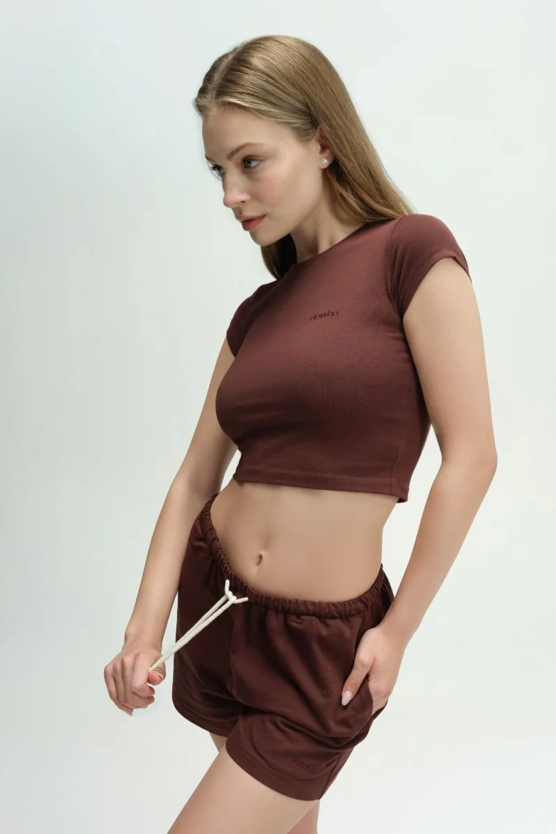 LOUNGEWEAR DOSSHA KAHVERENGİ CROP TİŞÖRT - 3
